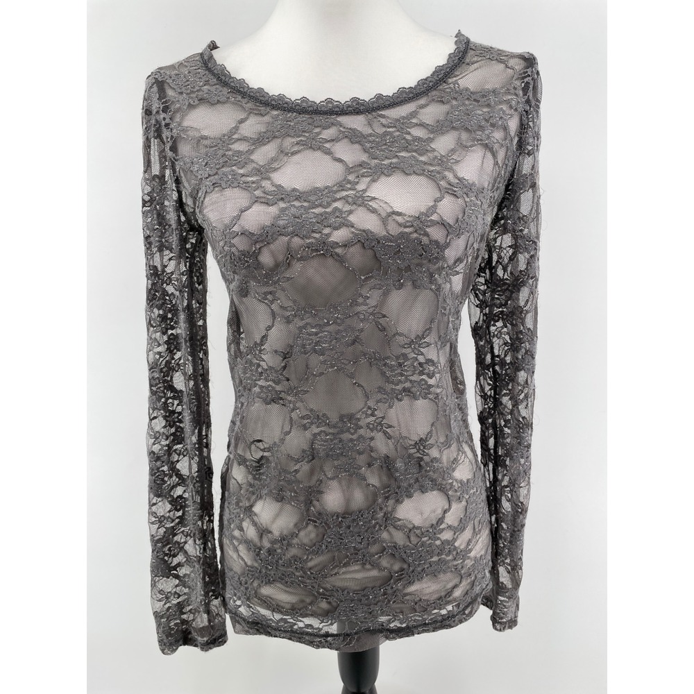 Sheer Lace Top Womens Large Gray Metallic Long Sleeve Floral Romantic Whimsigoth